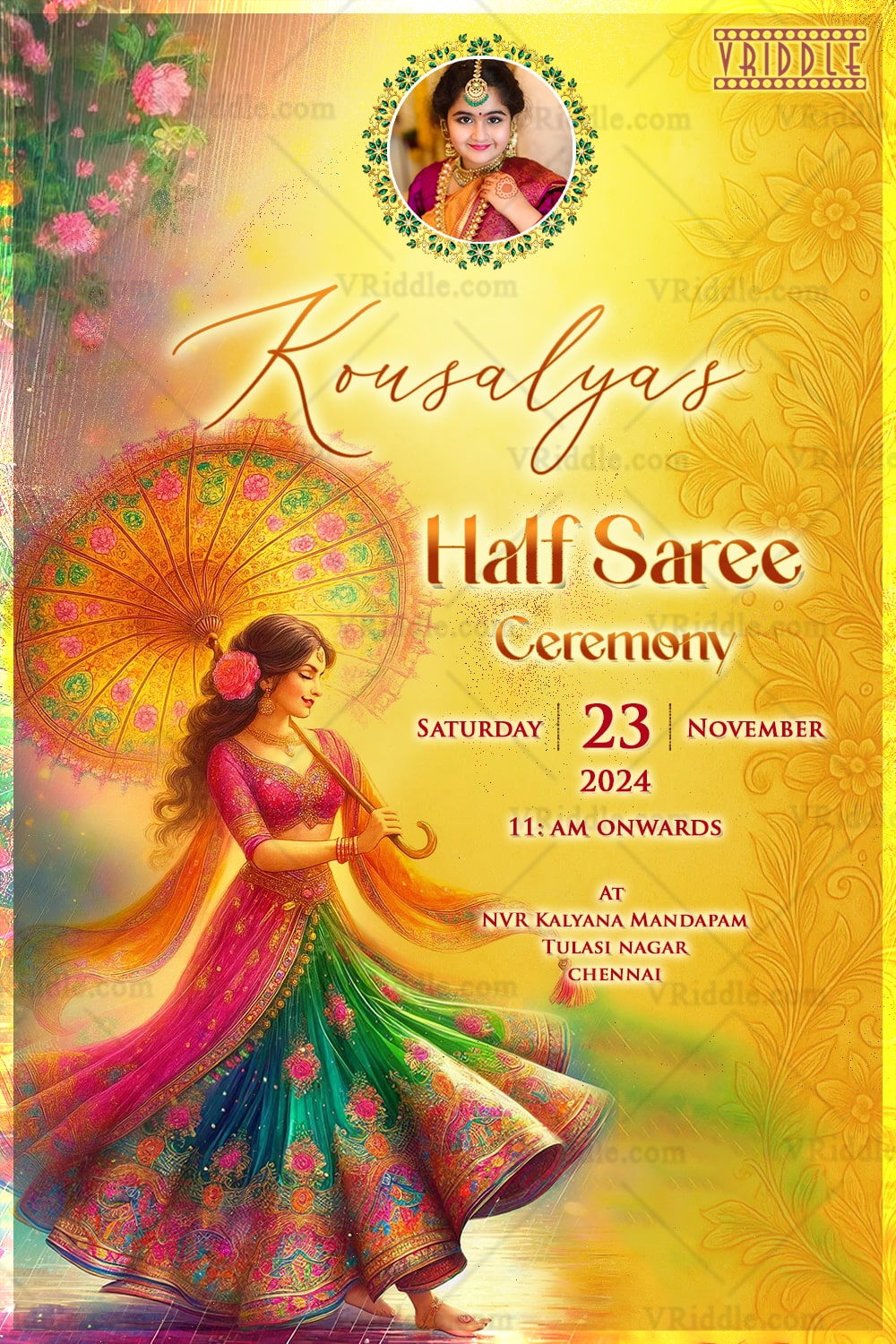 Vibrant Yellow Theme Half Saree Ceremony Invitation with Dancing Girl with Umbrella Illustration and Add Photo Option