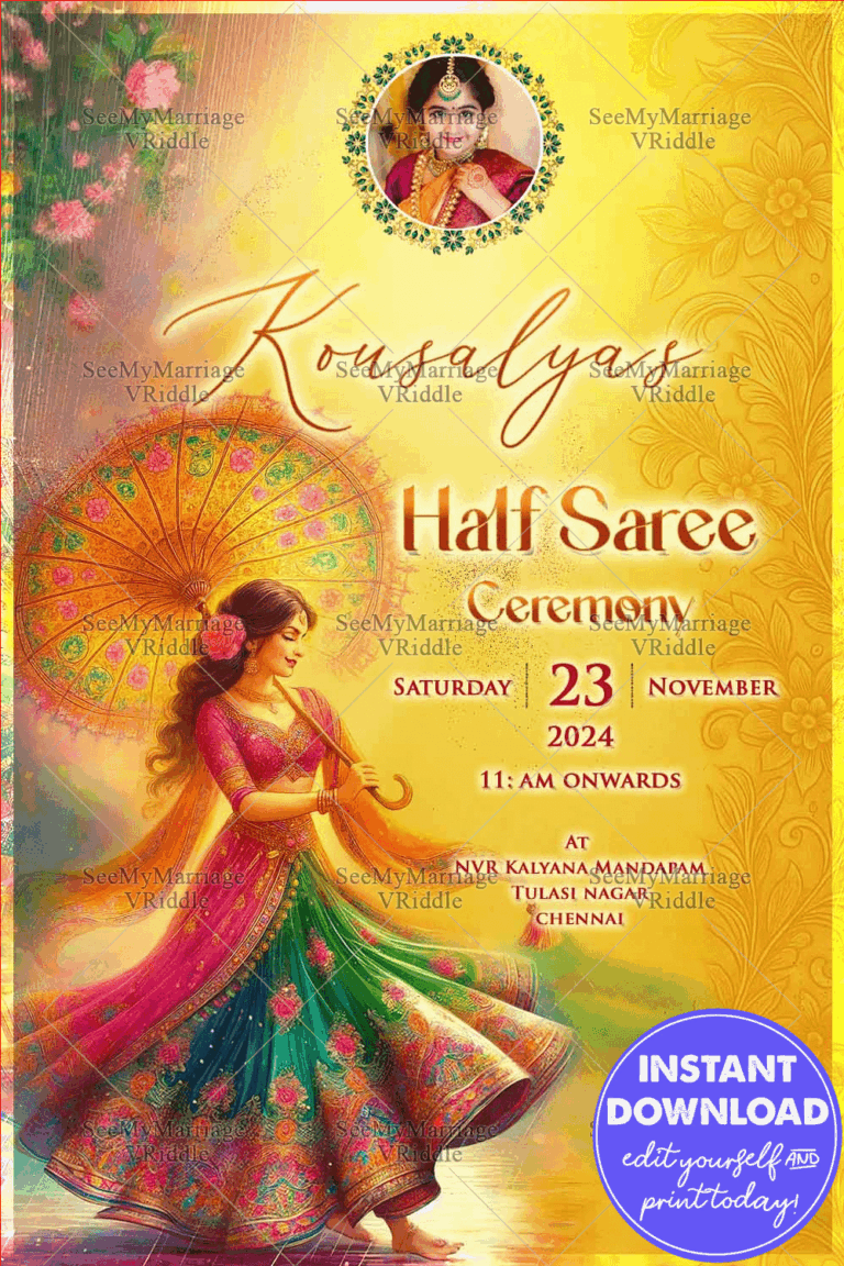 Vibrant Yellow Theme Half Saree Ceremony Invitation with Dancing Girl with Umbrella Illustration and Add Photo Option