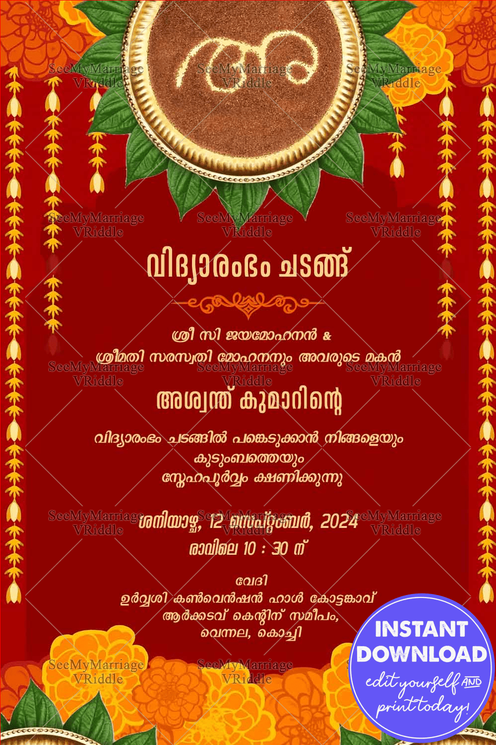 Vidyarambham Ceremony Invitation Malayalam Red Theme with Hanging Marigolds and Leaf Accents