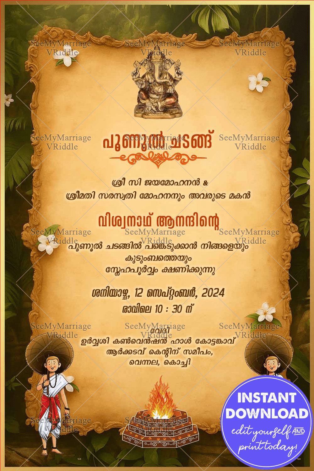 Vintage Style Malayalam Poonul Ceremony Invitation Card with Ganesha Blessings Forest Elements & Sacred Fire Rituals