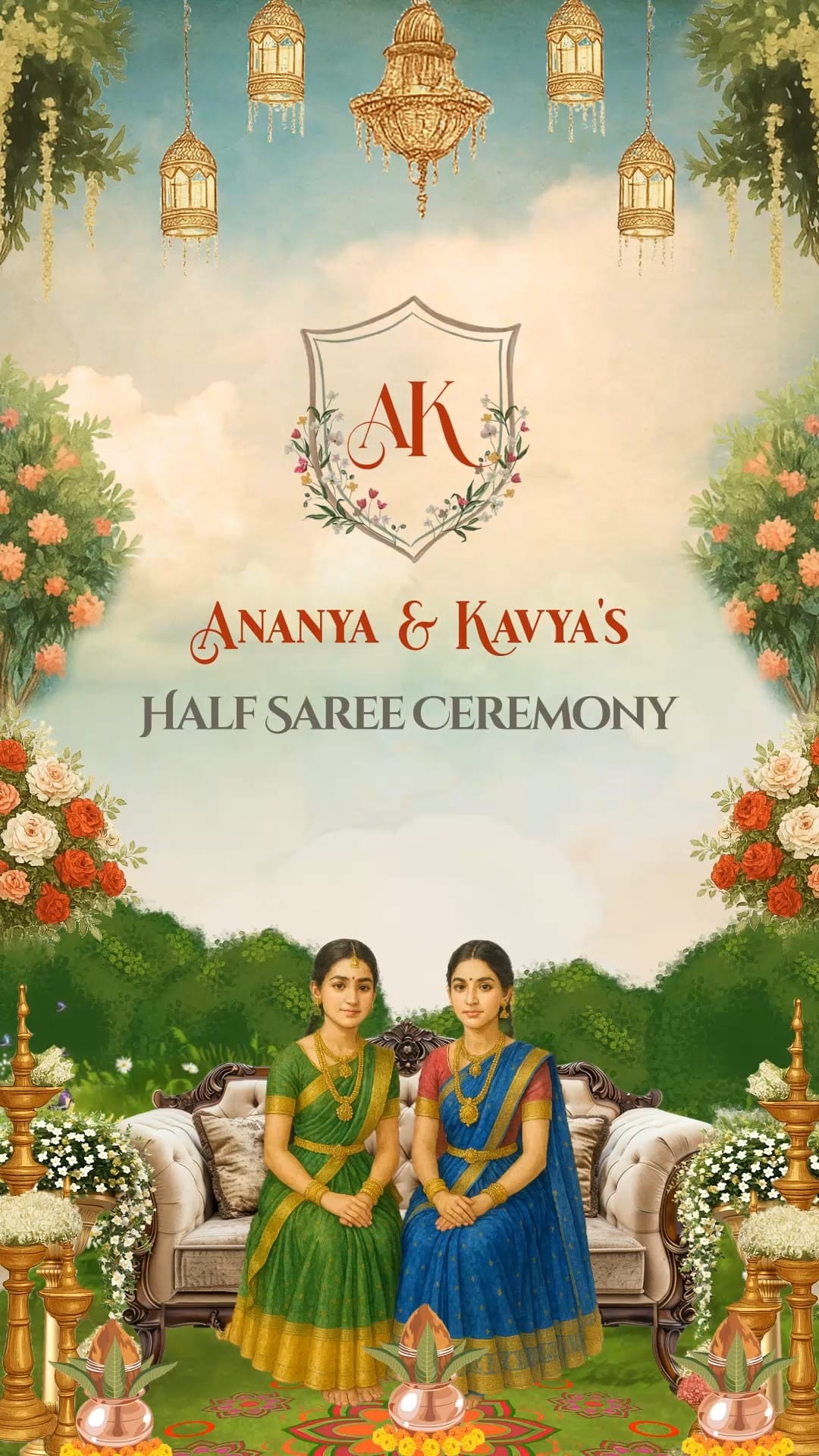Vintage Style Twins Half Saree Ceremony Video with Cartoon Caricature Theme