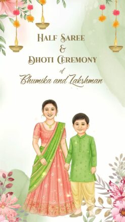 Watercolor Theme Half Saree and Dhoti Ceremony Video with Caricature and Floral Flowers