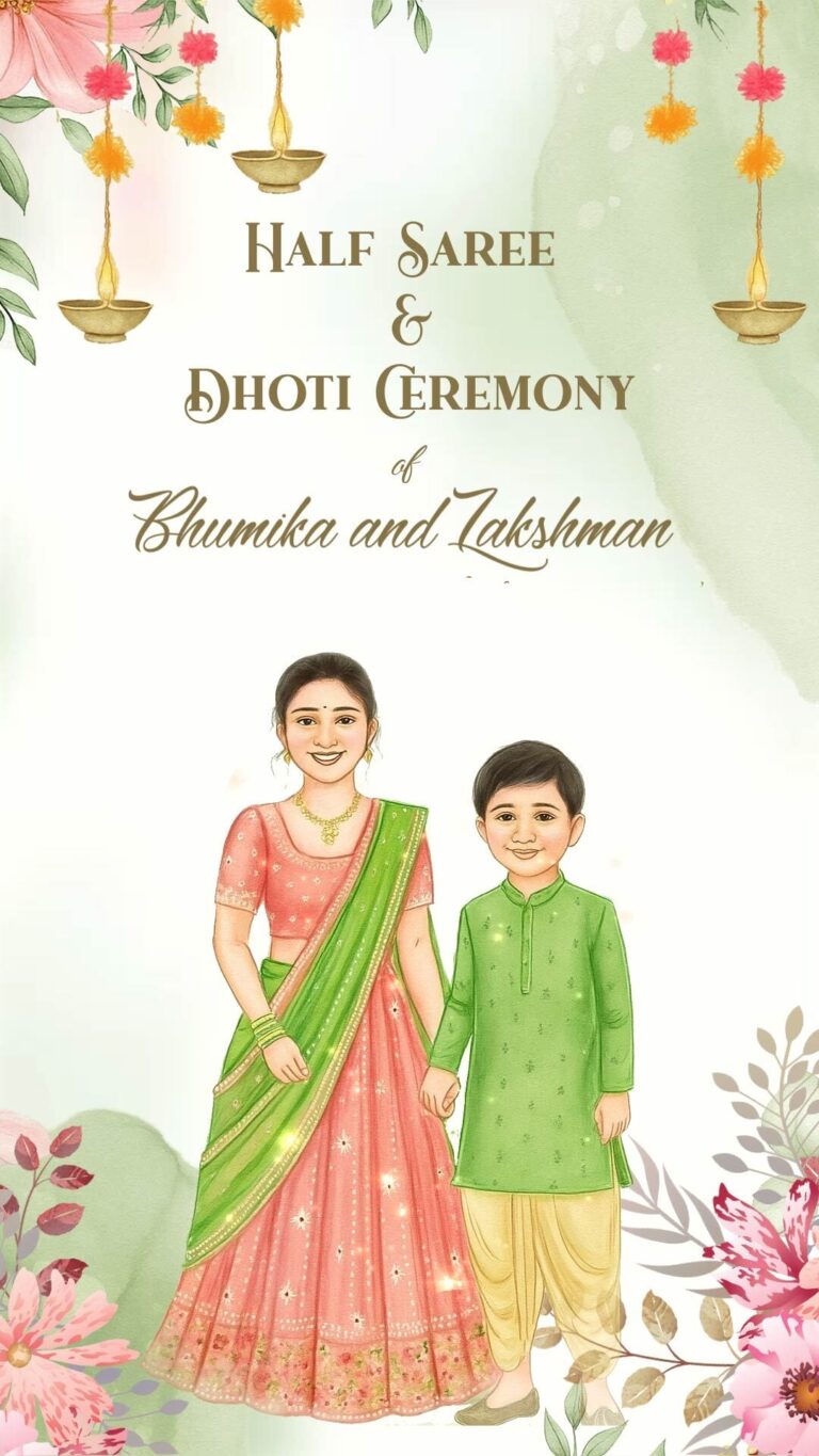 Watercolor Theme Half Saree and Dhoti Ceremony Video with Caricature and Floral Flowers
