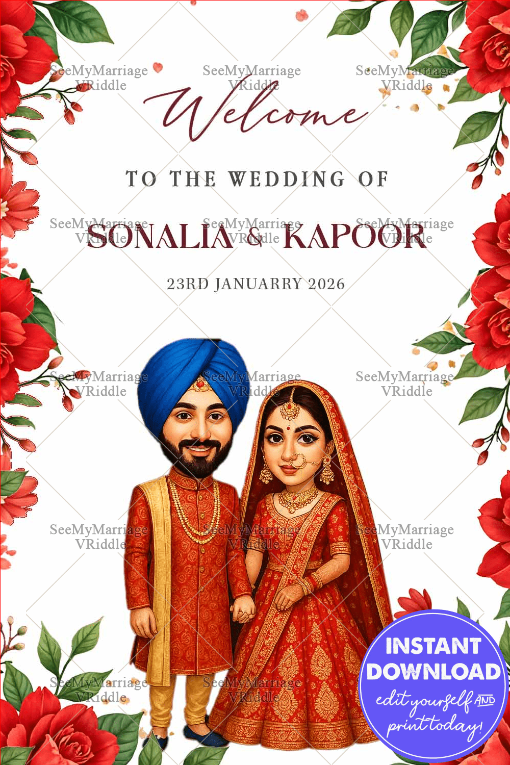 Wedding Welcome Sign Board with Punjabi Couple Caricature Illustration in Red Rose Floral Theme on White Background