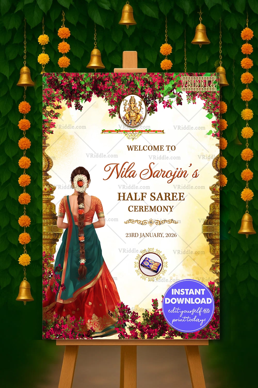 Welcome Sign Board Design for Half Saree Ceremony Floral Elegance with Traditional Girl Illustration