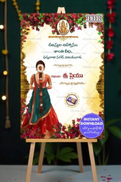 Traditional Half Saree Ceremony Welcome Sign Board with Girl Illustration and Floral Charm