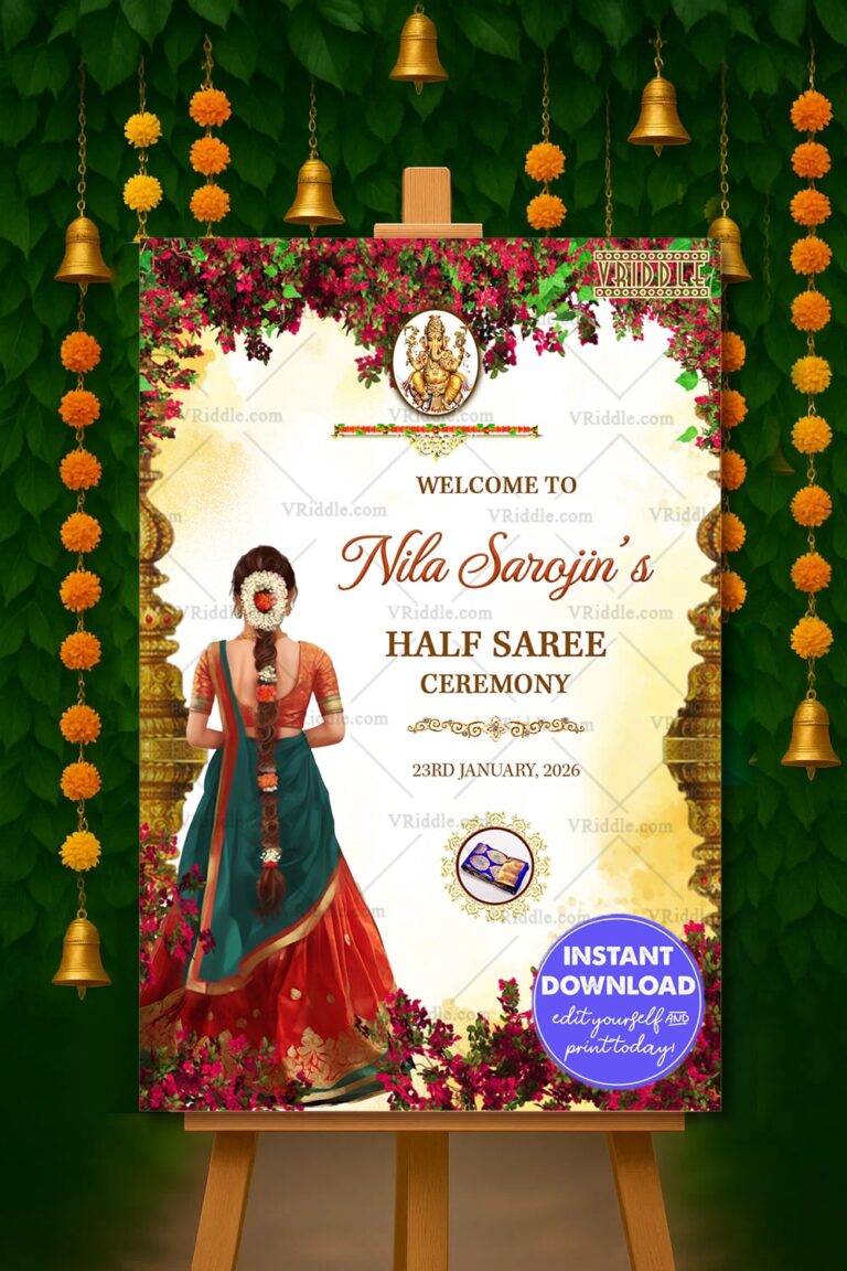 Welcome Sign Board Design for Half Saree Ceremony Floral Elegance with Traditional Girl Illustration