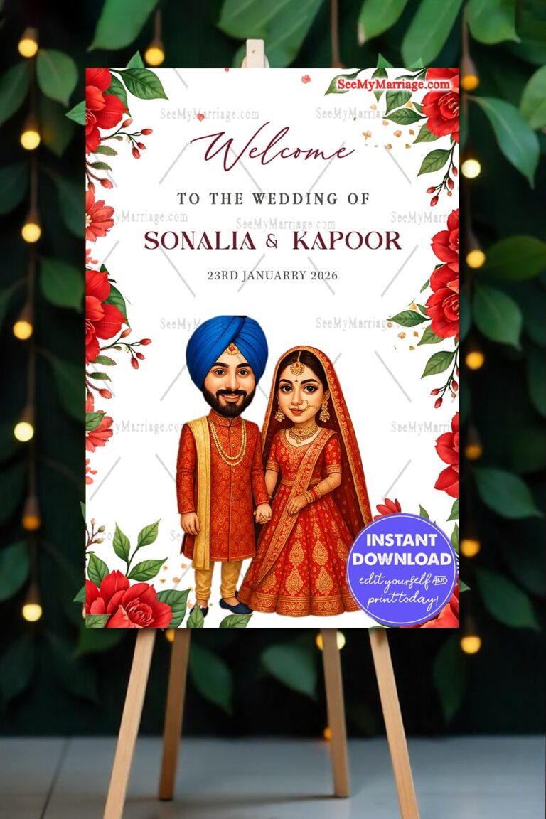 Wedding Welcome Sign Board with Punjabi Couple Caricature Illustration in Red Rose Floral Theme on White Background