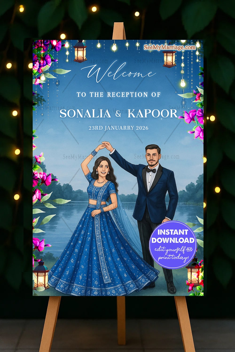 Reception Welcome Sign Board with Dancing Couple Illustration by the Lake in Floral & Lantern Theme