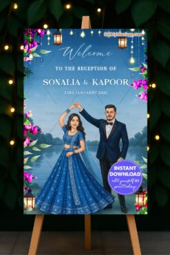 Reception Welcome Sign Board with Dancing Couple Illustration by the Lake in Floral & Lantern Theme