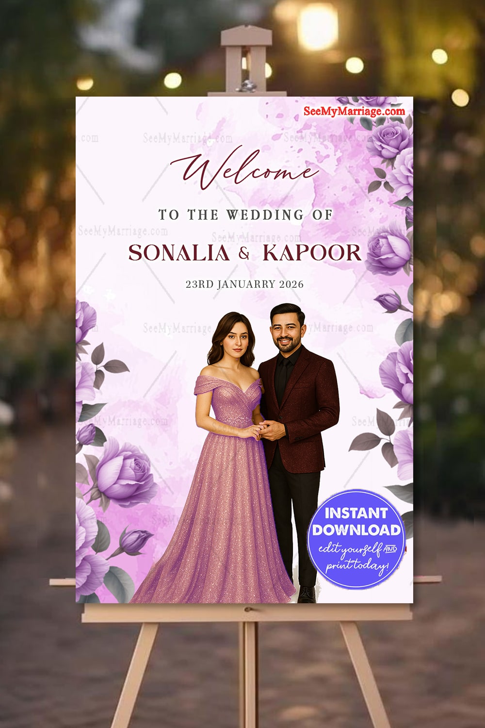 Welcome Sign Board for Wedding with Couple Caricature Illustration in Lavender Floral Theme