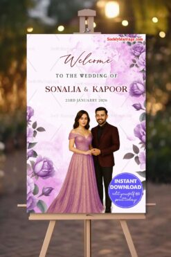 Welcome Sign Board for Wedding with Couple Caricature Illustration in Lavender Floral Theme