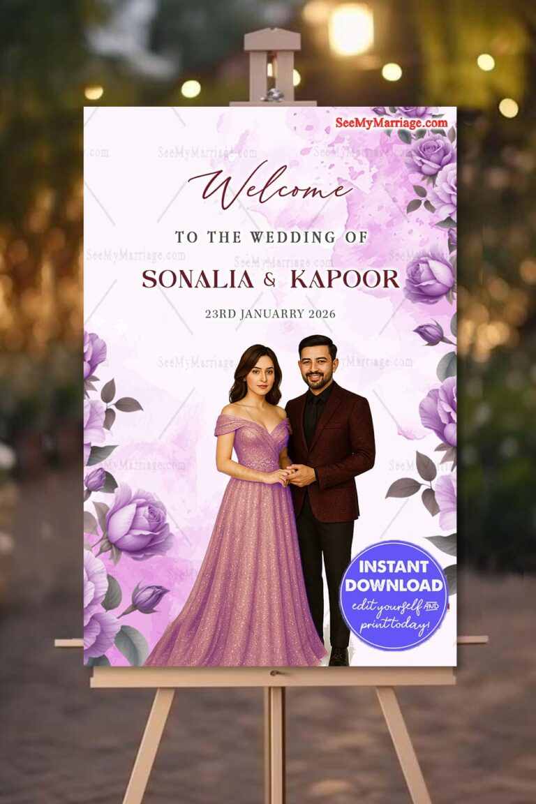 Welcome Sign Board for Wedding with Couple Caricature Illustration in Lavender Floral Theme