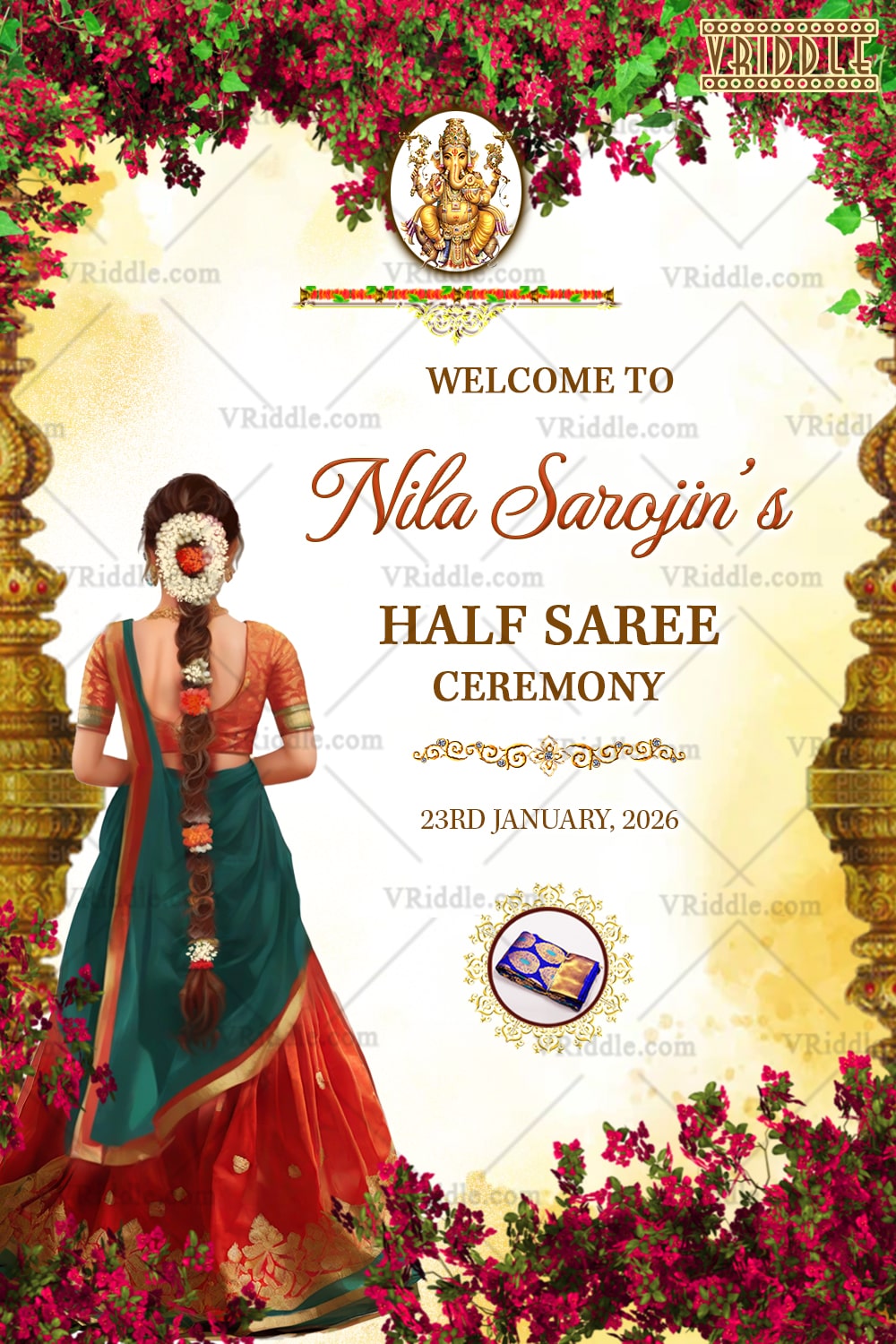 Welcome Sign Board Design for Half Saree Ceremony Floral Elegance with Traditional Halfsaree Girl Illustration