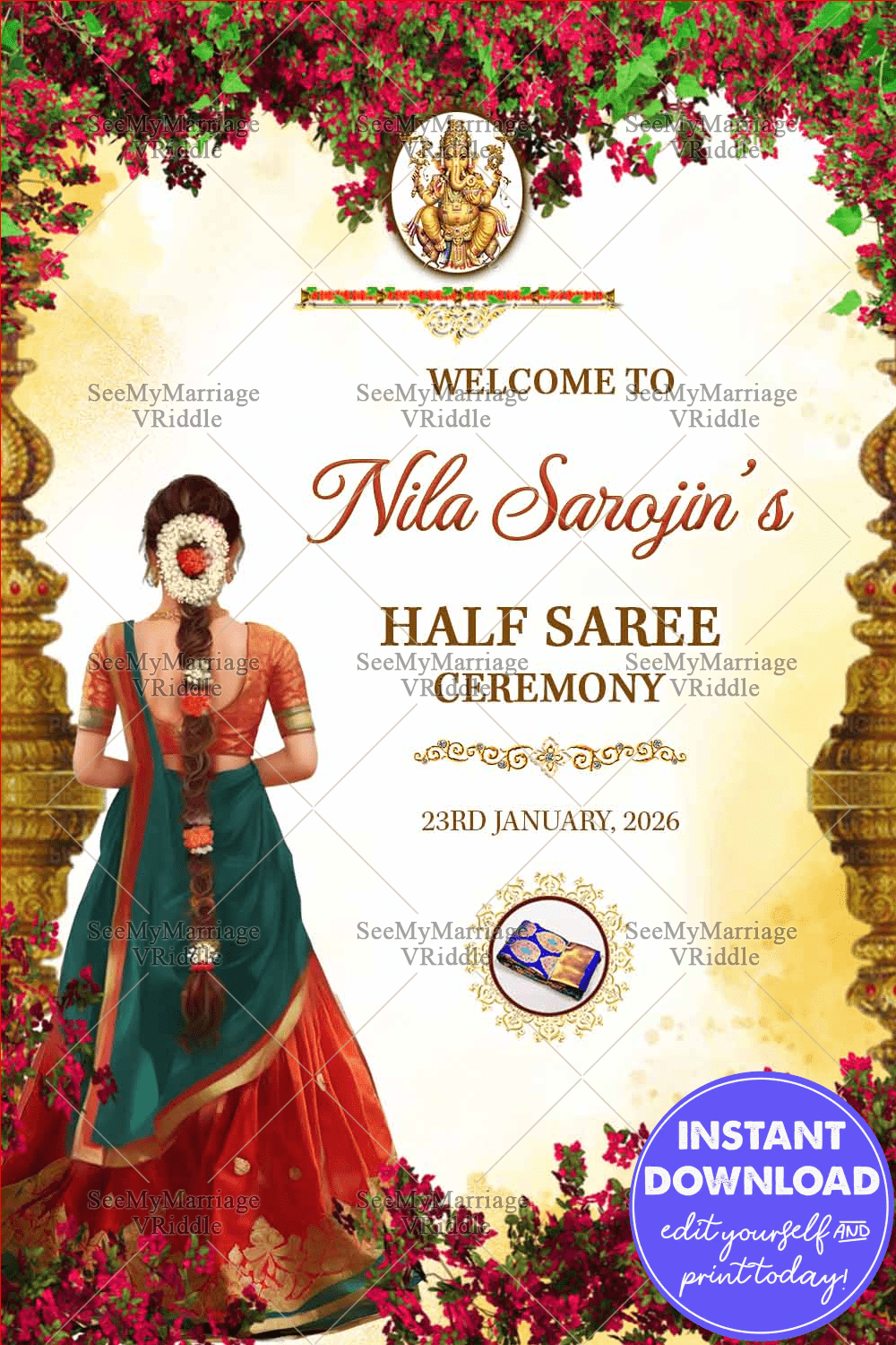 Welcome Sign Board Design for Half Saree Ceremony Floral Elegance with Traditional Halfsaree Girl Illustration