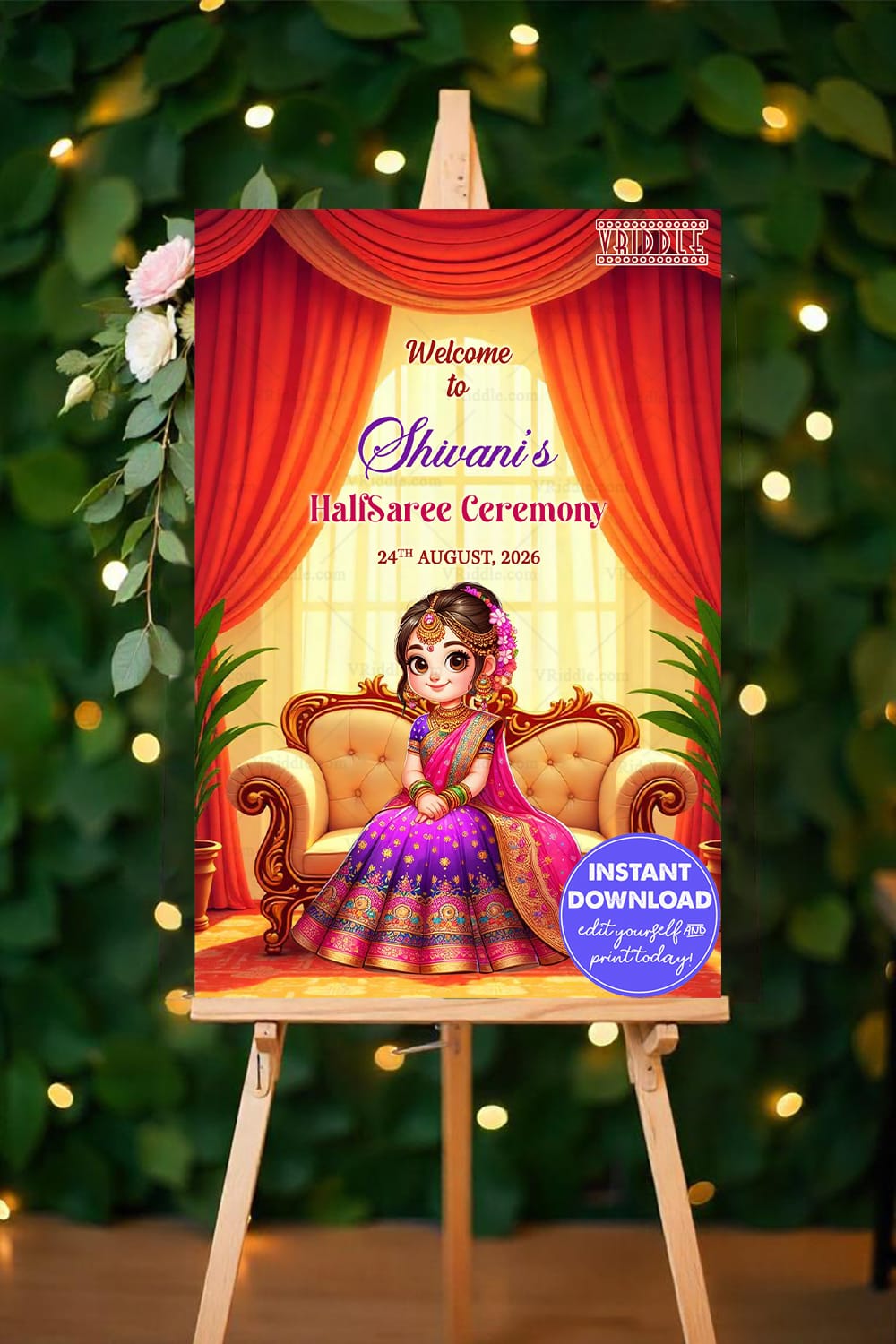 Animated Girl Welcome Sign Boards for Half Saree Ceremony with Ornate Decor, Sofa and Drapes