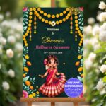Deep Green Welcome Sign Boards for Half Saree Ceremony with Marigold Garlands