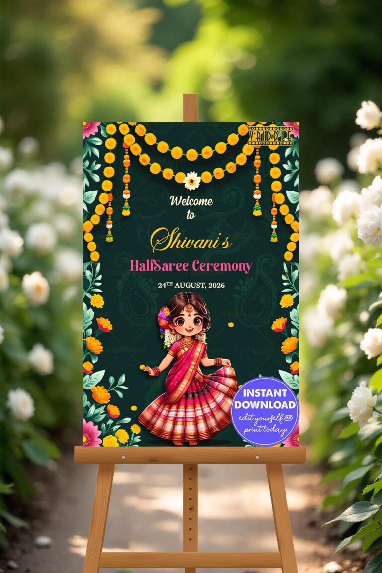 Deep Green Welcome Sign Boards for Half Saree Ceremony with Marigold Garlands