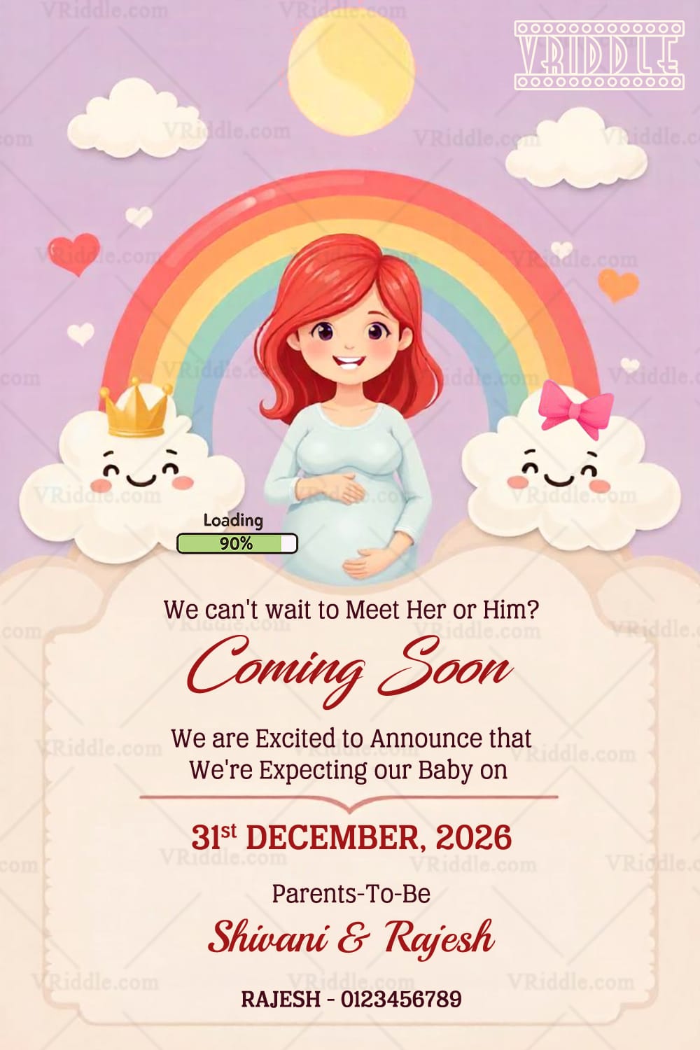 Whimsical Rainbow Pregnancy Announcement with Cute Cartoon Mom Design, Clouds and Hearts
