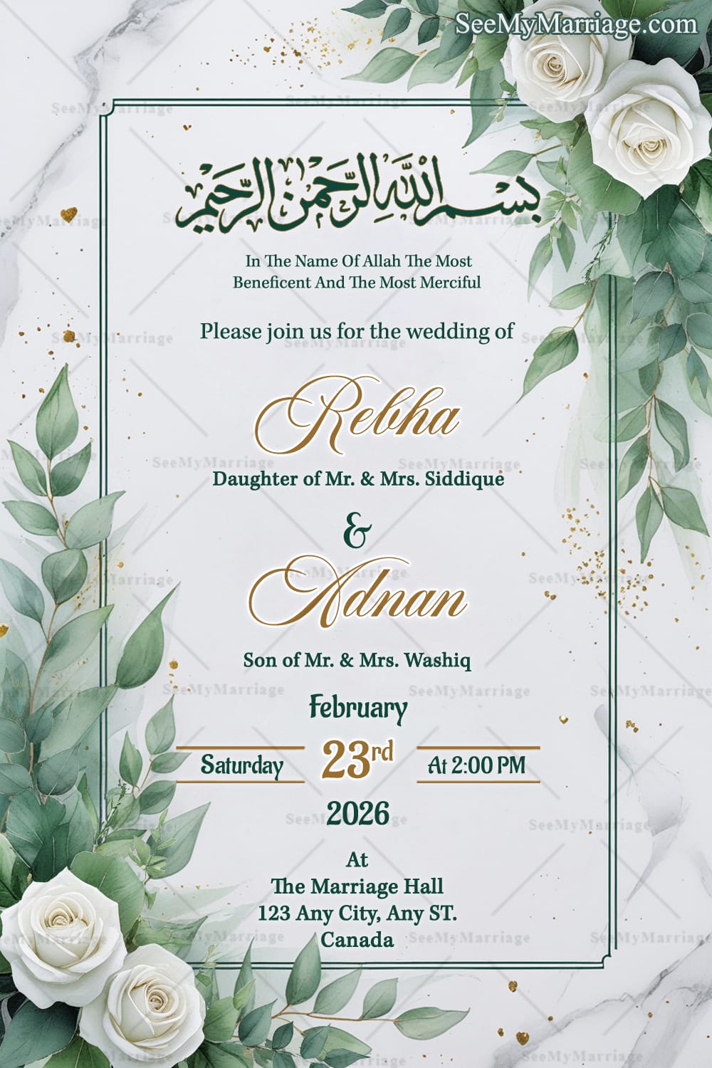 White Theme Islamic Wedding Invitation Card with White Roses and Greenery