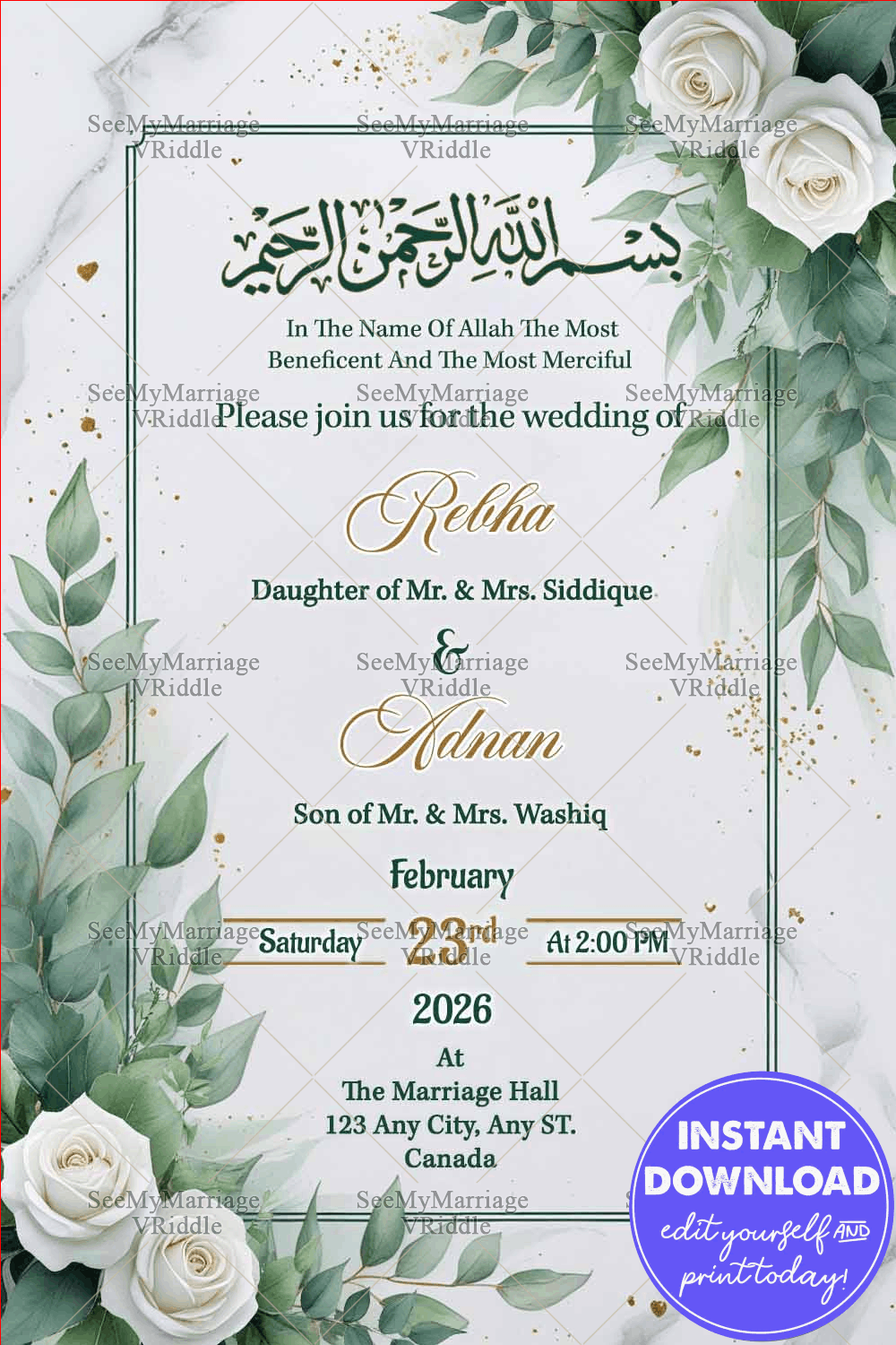 White Theme Islamic Wedding Invitation Card with White Roses and Greenery