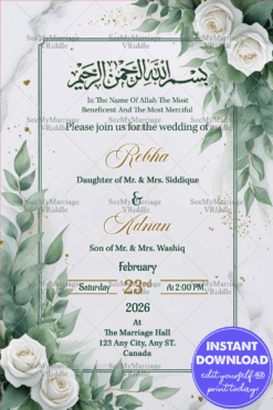 White Theme Islamic Wedding Invitation Card with White Roses and Greenery