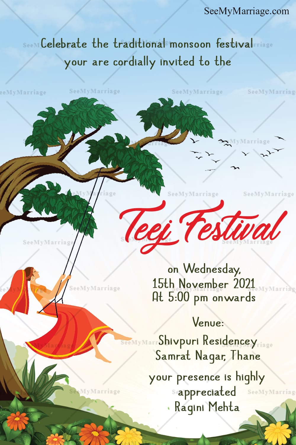 Woman on Tree Swing Teej Festival Invitation with Nature Background