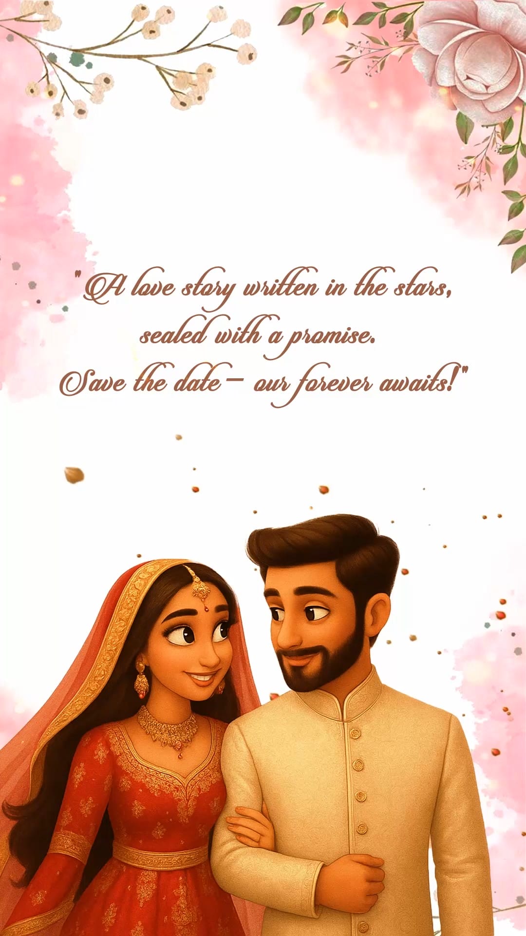 Animated Couple Illustration Wedding Save the Date Video with Romantic Theme and Pink Pastel Accents