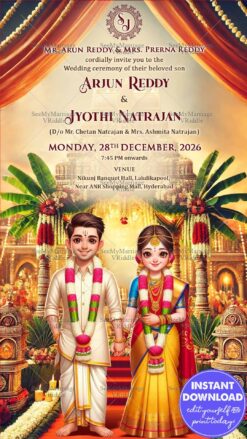 Tamil Theme Wedding Invitation Card with Couple Illustration, Temple Design and Floral Decor