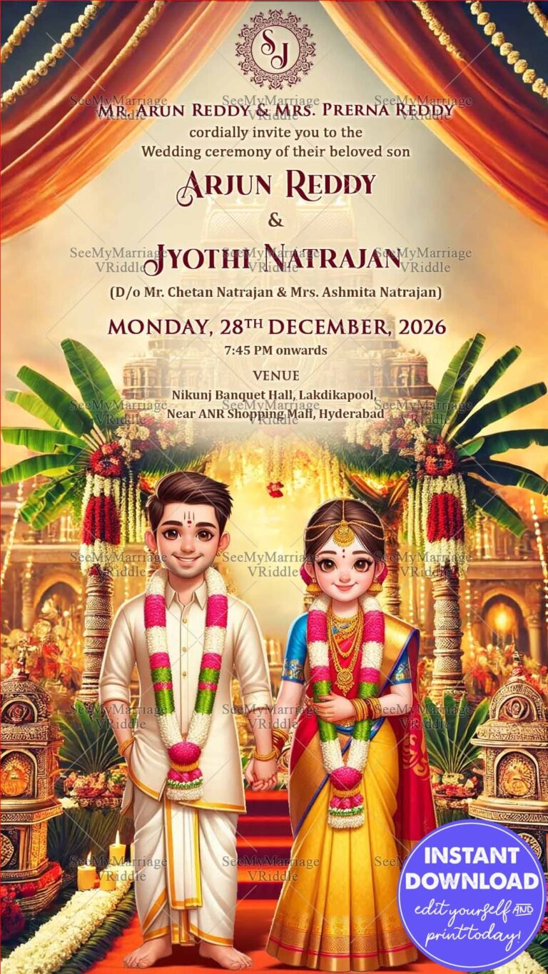 Tamil Theme Wedding Invitation Card with Couple Illustration, Temple Design and Floral Decor