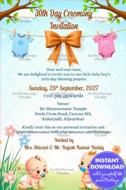 Cute Cartoon Boys 30th Day Prayers Invitation Card with Onesie Design and Floral Theme