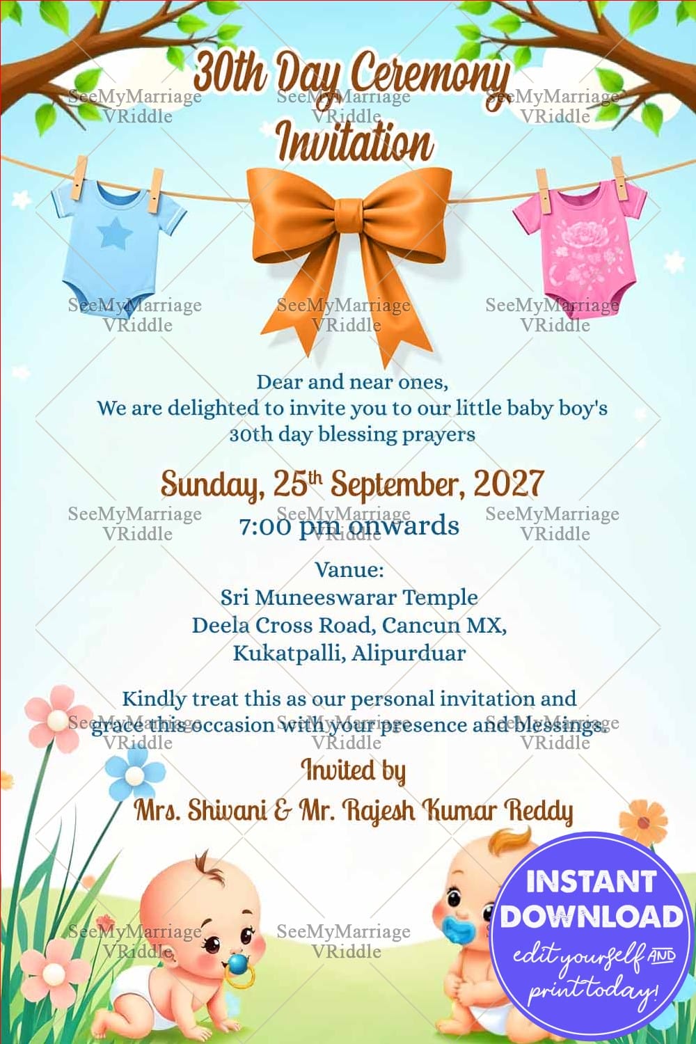 Cute Cartoon Boys 30th Day Prayers Invitation Card with Onesie Design and Floral Theme