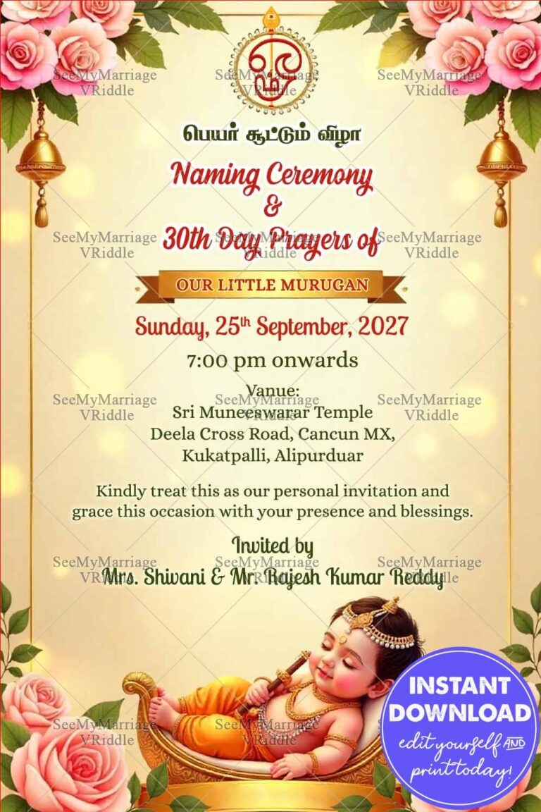 Murugan Theme 30th Day Prayers and Naming Ceremony Card with Baby God Illustration and Roses