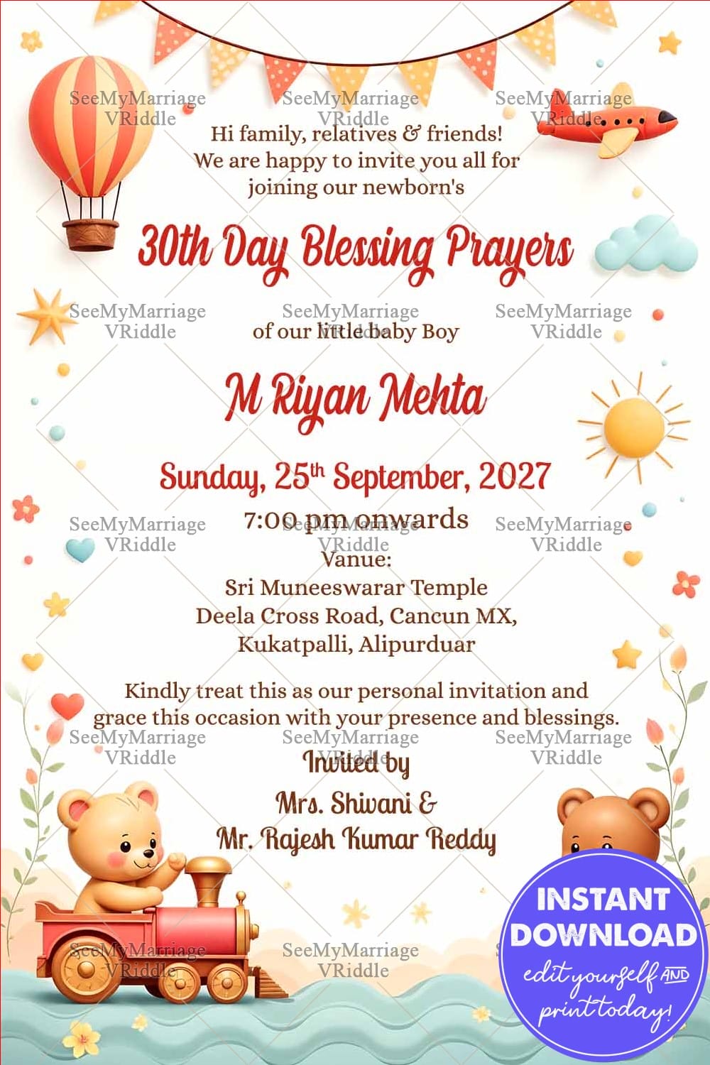 Teddy Theme 30th Day Baby Blessing Prayers Invitation Card with Train, Balloon and Airplane Design
