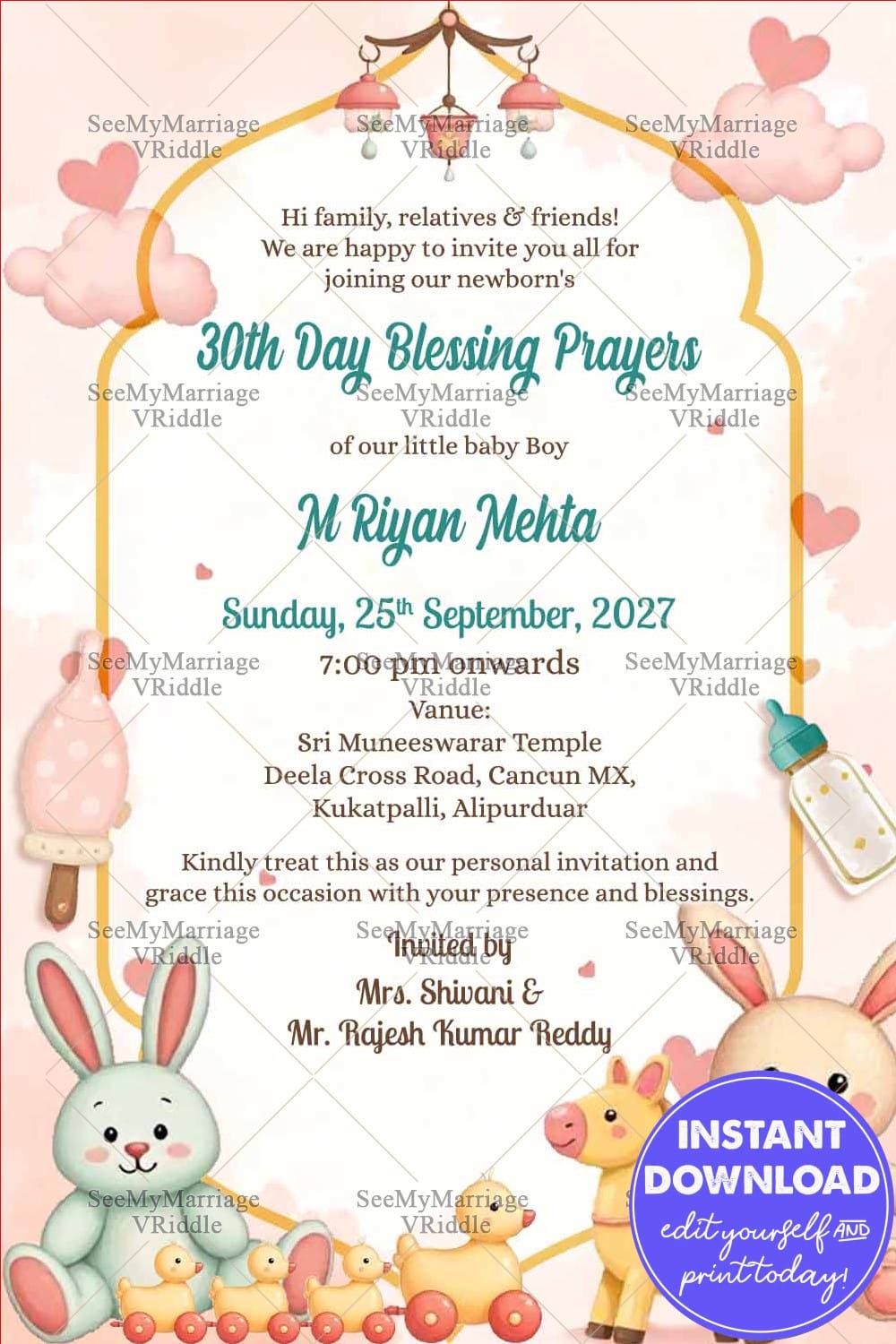 Pastel Themed 30th Day Blessing Prayers Invitation Card with Bunny and Cute Animal Toys