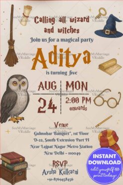 Magical Birthday Party Invitation Card with Owl, Wizard and Broom Design