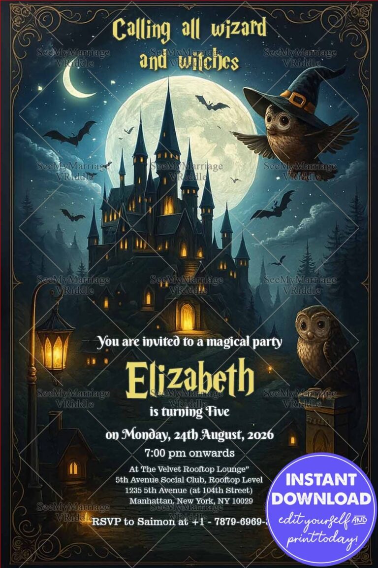 Wizard and Witches Harry Potter Theme Birthday Party Invitation with Castle Owl and Bats
