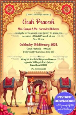 Rajasthani Couple Traditional Gruh Pravesh Invitation with Camel Design
