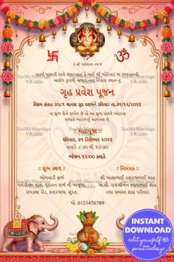Elephant Theme Gujarati Gruh Pravesh Invitation with Kalash Design and Floral Garland