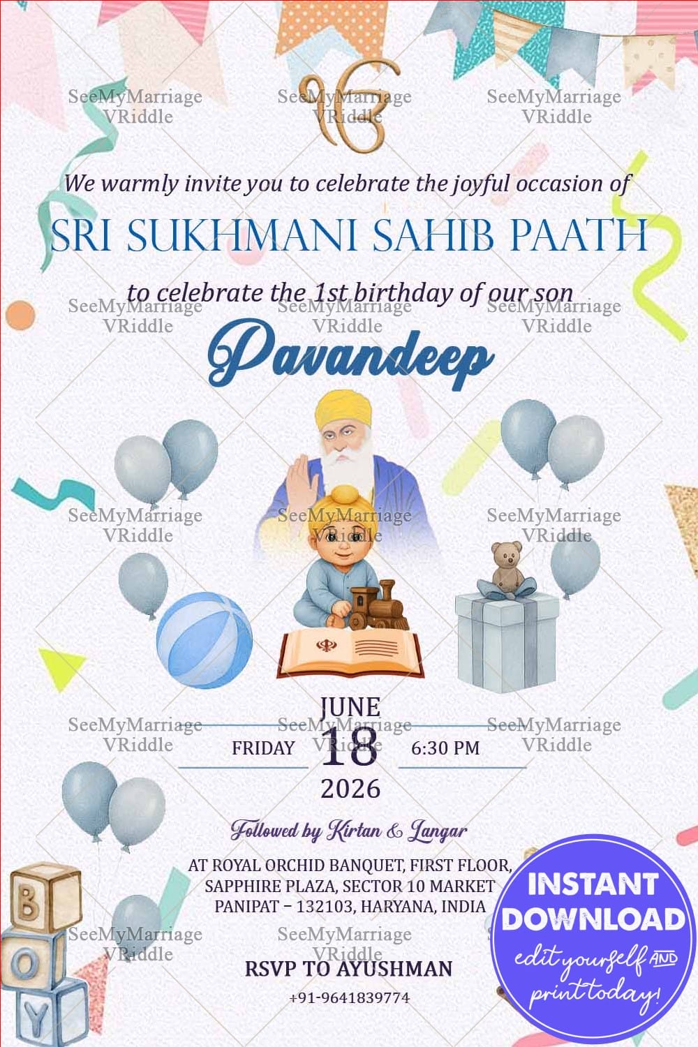 Sikh Themed First Birthday and Sri Sukhmani Sahib Paath Invitation Card with Toys Design