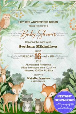Woodland Animals Baby Shower Invitation with Forest Theme Design and Greenery
