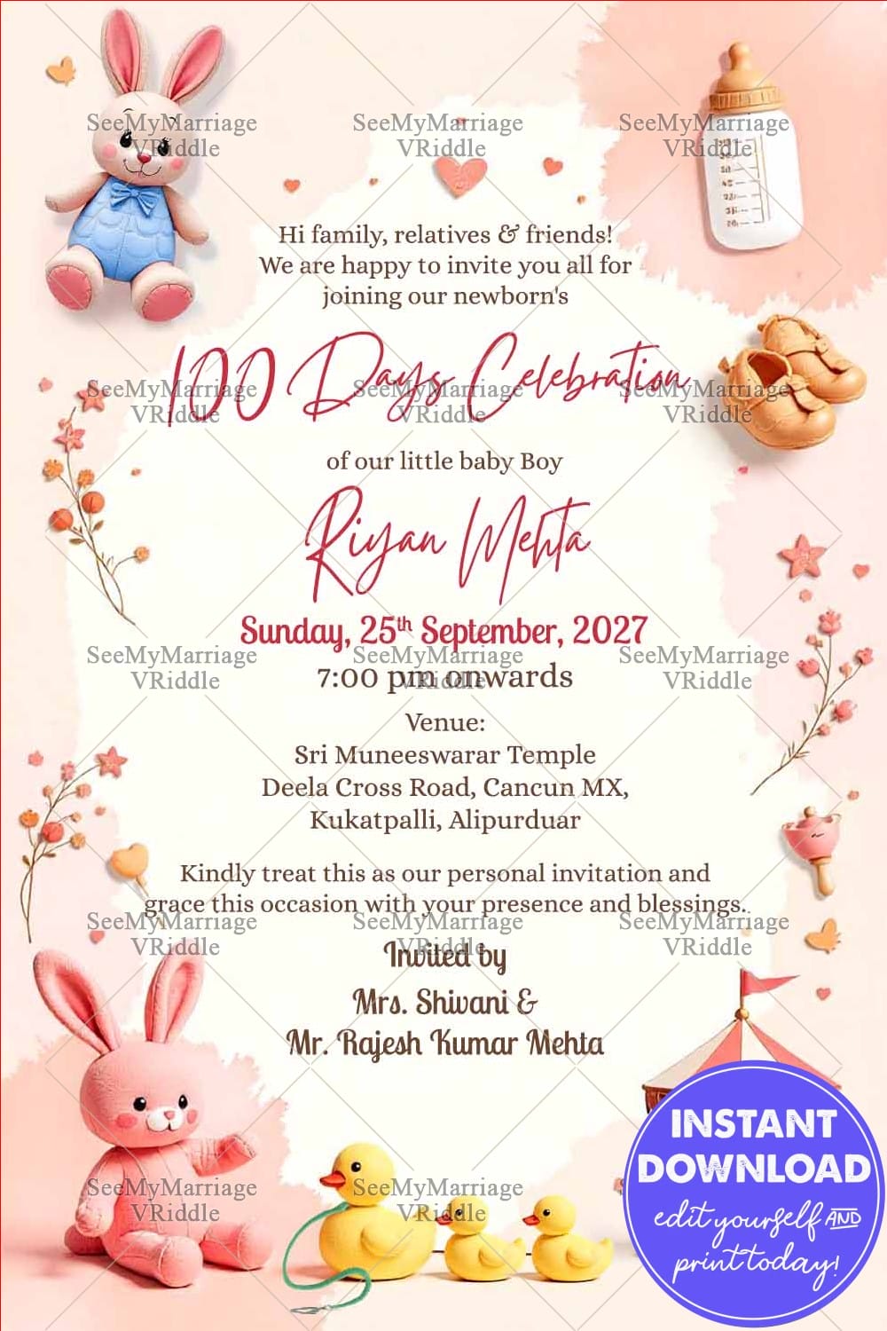 Pastel Themed Baby 100 Days Celebration Invitation Card with Ducks and Carousel Design