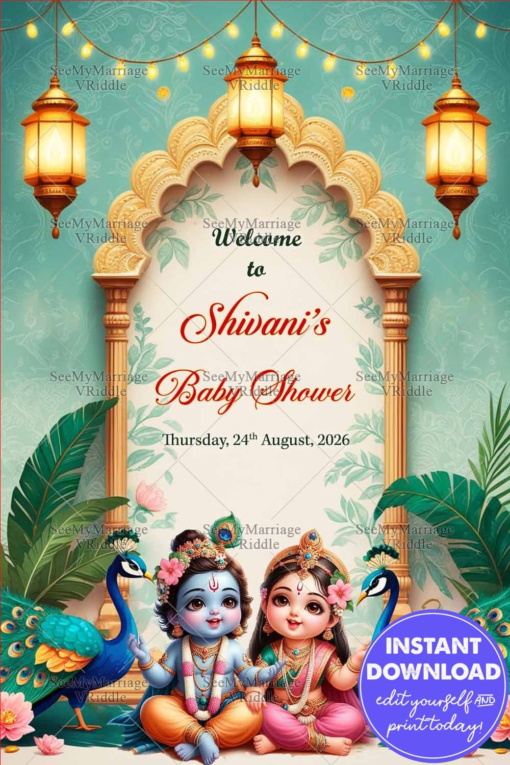 Krishna Radha Baby Shower Welcome sign Board with Peacock and Arch Design