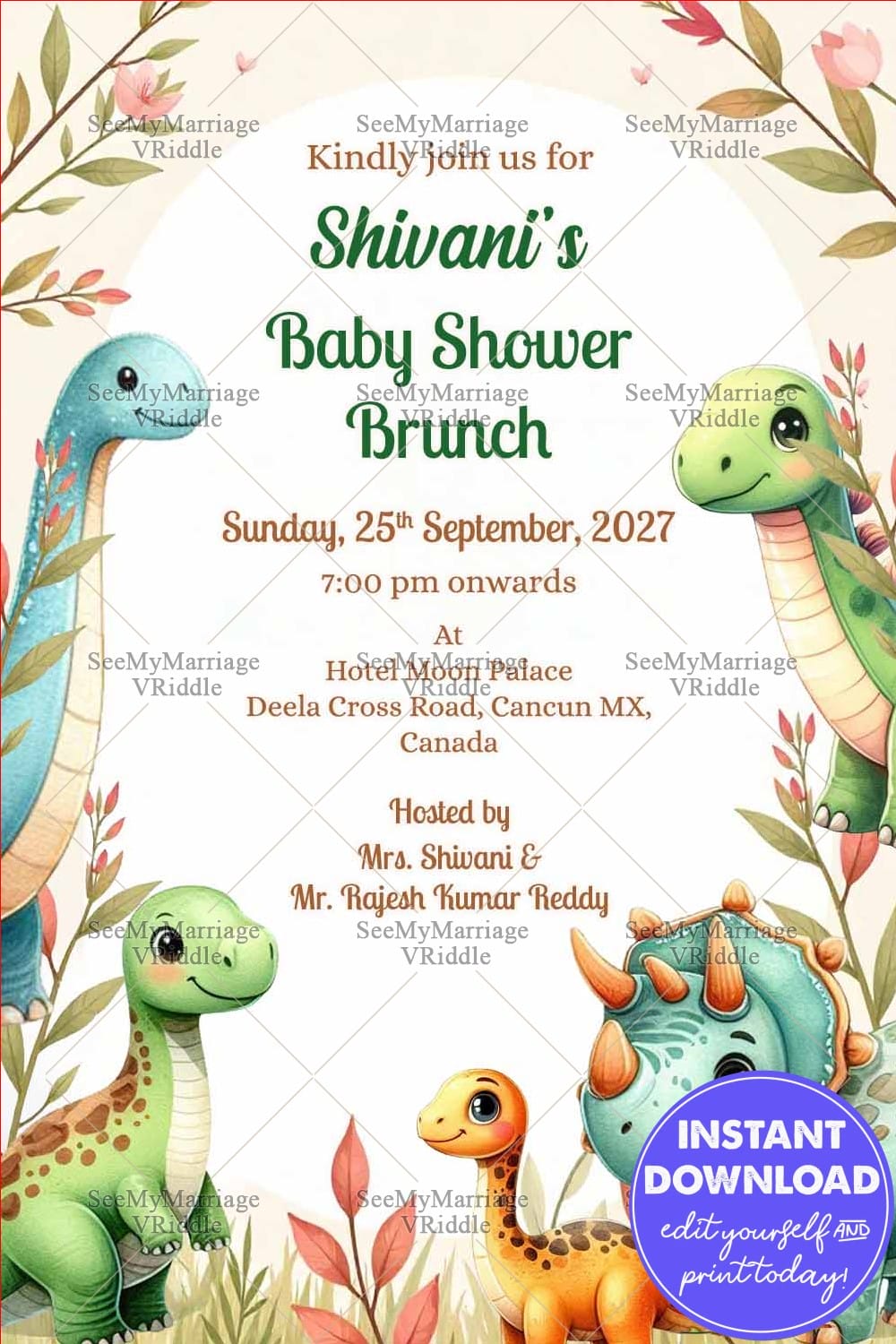 Pastel Dinosaur Theme Baby Shower Brunch Invitation with leafy branches