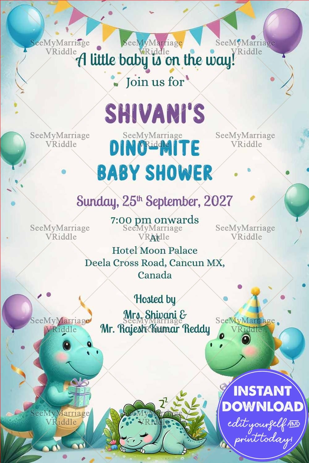 Cute Cartoon Dino Mite Baby Shower Invitation with Gift, Bunting and Balloons