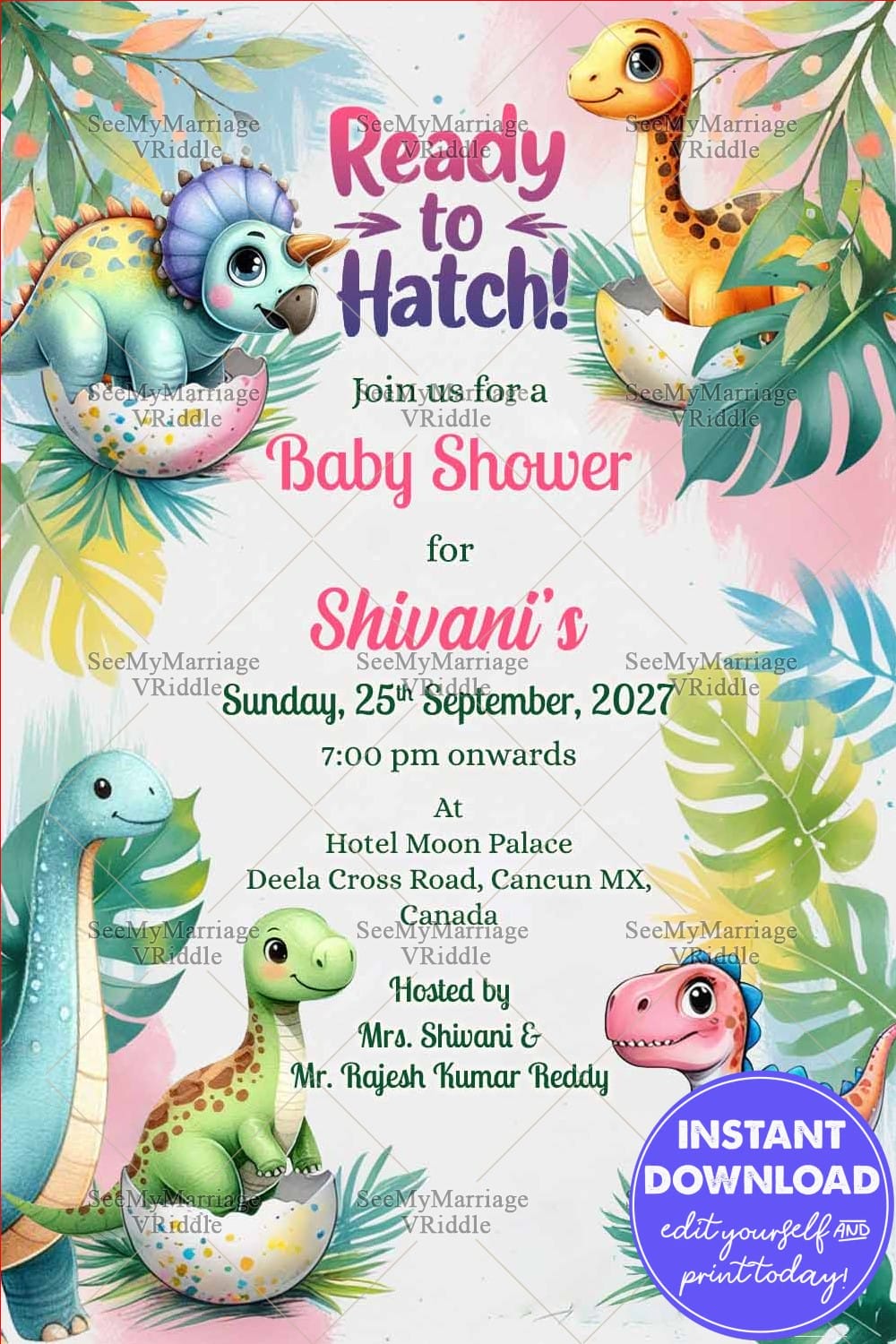 Dino Hatch Theme Baby Shower Invitation with Tropical Leaves Design