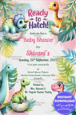 Dino Hatch Theme Baby Shower Invitation with Tropical Leaves Design