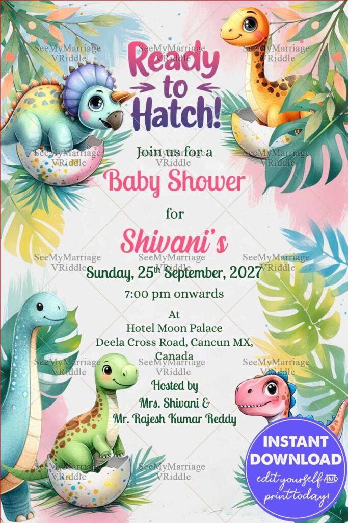 Dino Hatch Theme Baby Shower Invitation with Tropical Leaves Design