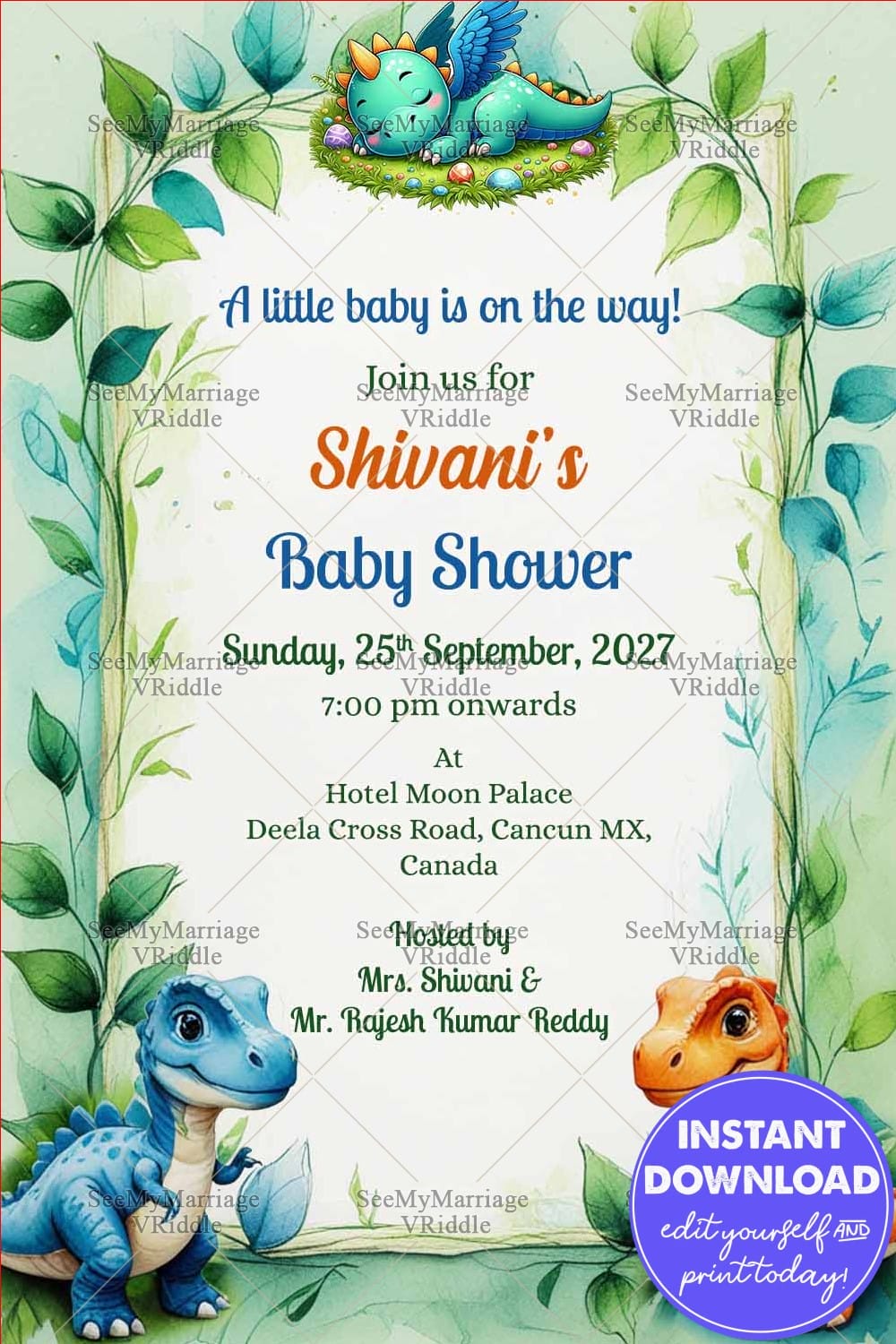 Forest Dino Cartoon Theme Baby Shower Invitation with Sleeping and Greenery Border