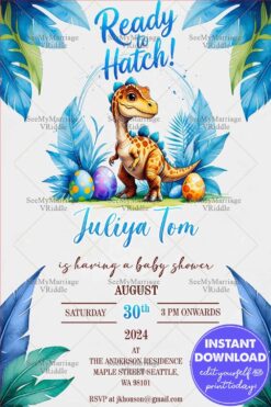 Ready to Hatch Dinosaur Baby Shower Invitation with Eggs and Tropical Leaves Design
